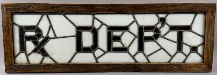 "RX DEP'T." STAINED GLASS SIGN Early 20th Century Height 9.5". Length 29".