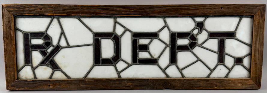 "RX DEP'T." STAINED GLASS SIGN Early 20th Century Height 9.5". Length 29".: "RX DEP'T." STAINED GLASS SIGNEarly 20th CenturyPine frame.Height 9.5". Length 29".