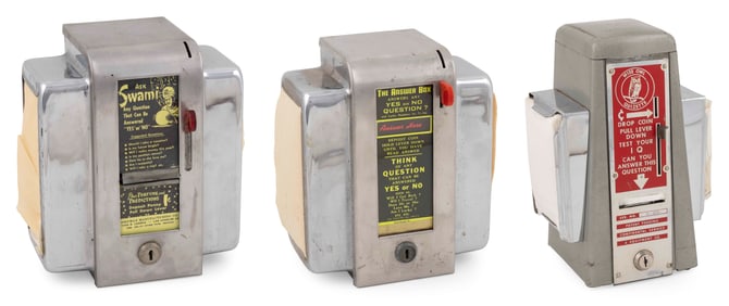 THREE COIN-OPERATED 1 CENT NAPKIN DISPENSERS Largest height 10". Width 7". Depth 5".