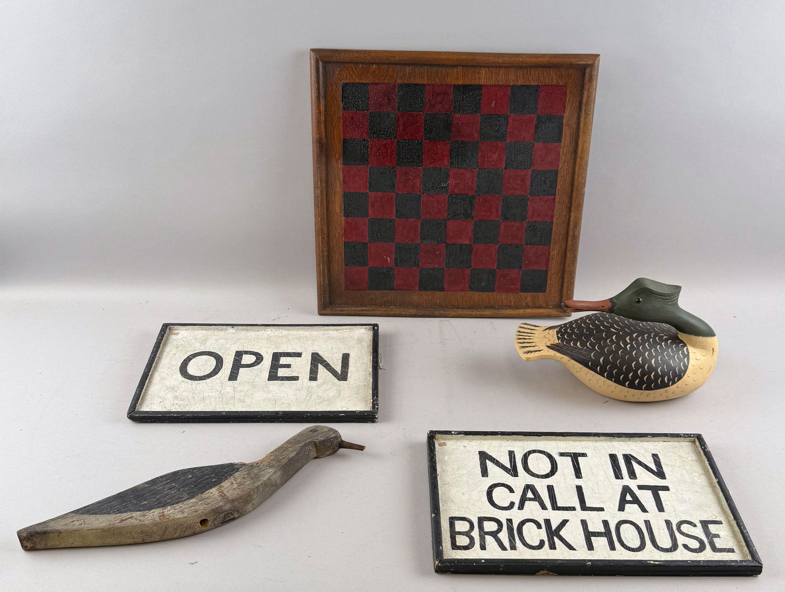 COLLECTION OF PAINTED WOODEN ITEMS 19th/20th Century Checkerboard 15.5" x 15". (1 of 2)