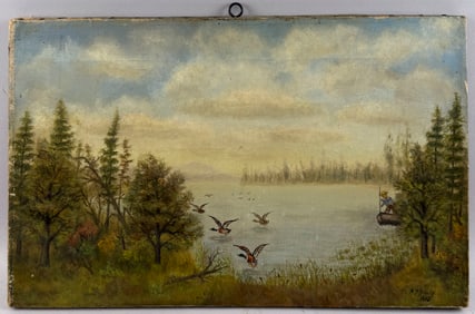 N.T. KELLY (America, 20th Century), Landscape with ducks., Oil on canvas, 12" x 20". Unframed.