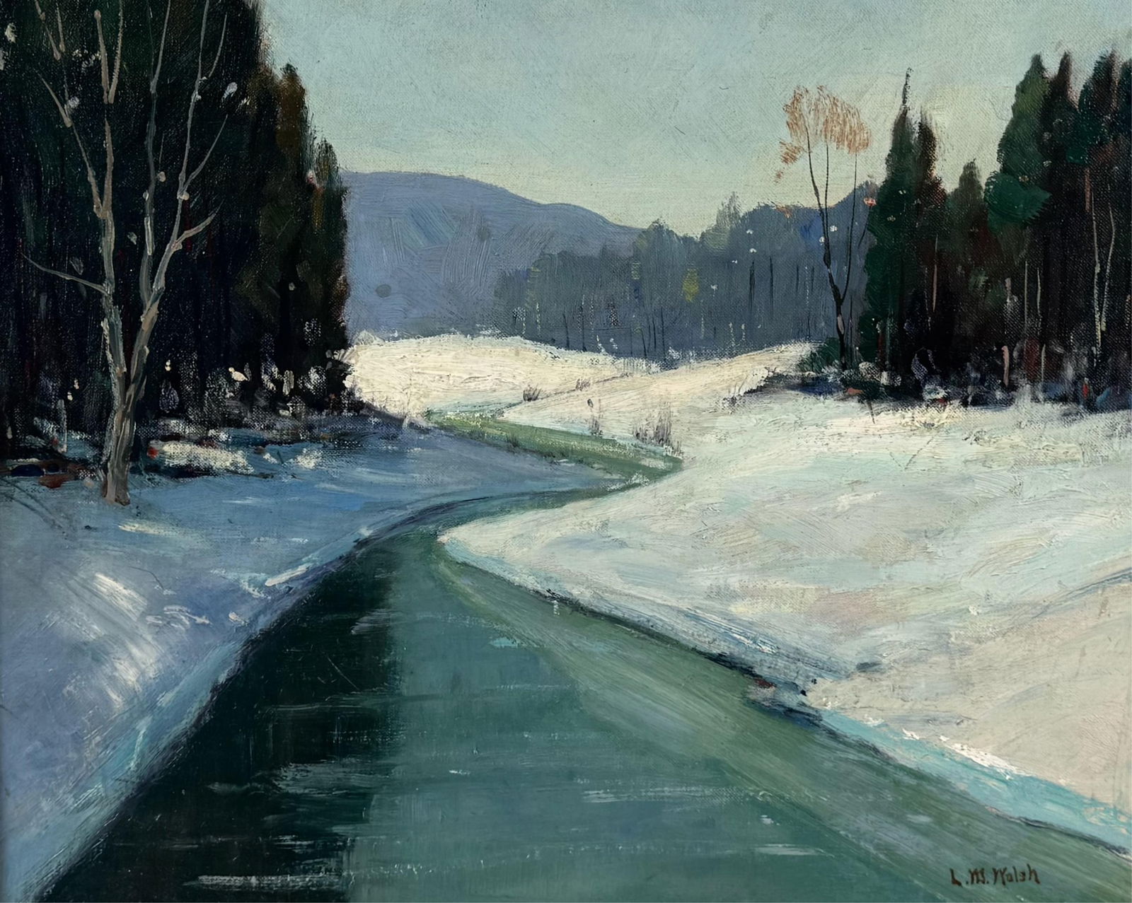 L.M. WALSH (America, 20th Century), "The Brook in Winter"., Oil on canvas board, 16" x 20". Framed (1 of 5)