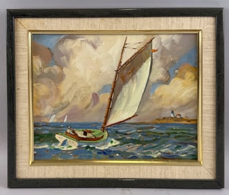 JAMES ARCHIBALD MITCHELL III (Connecticut/Maryland, 1932-), The catboat Cat Bird off a lighthouse.,
