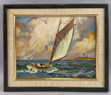 JAMES ARCHIBALD MITCHELL III (Connecticut/Maryland, 1932-), The catboat Cat Bird off a lighthouse.,: JAMES ARCHIBALD MITCHELL IIIConnecticut/Maryland, 1932-The catboat Cat Bird off a lighthouse. Signed lower right "Jim Mitchell".Oil on board, 9" x 12". Framed 12" x 15".