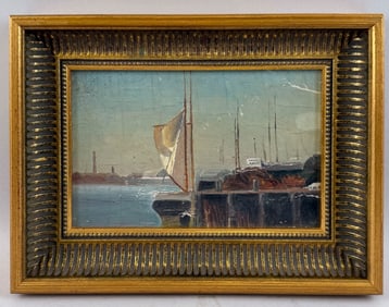 AMERICAN SCHOOL (Early 20th Century,), Boats at a pier., Oil on canvas laid down on board, 5.5" x