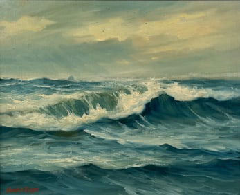 WENDELL M. ROGERS (Massachusetts, 1890-1973), Rolling waves and a distant sailboat., Oil on canvas