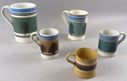 FIVE MOCHAWARE MUGS 19th Century Heights from 3" to 6.5".