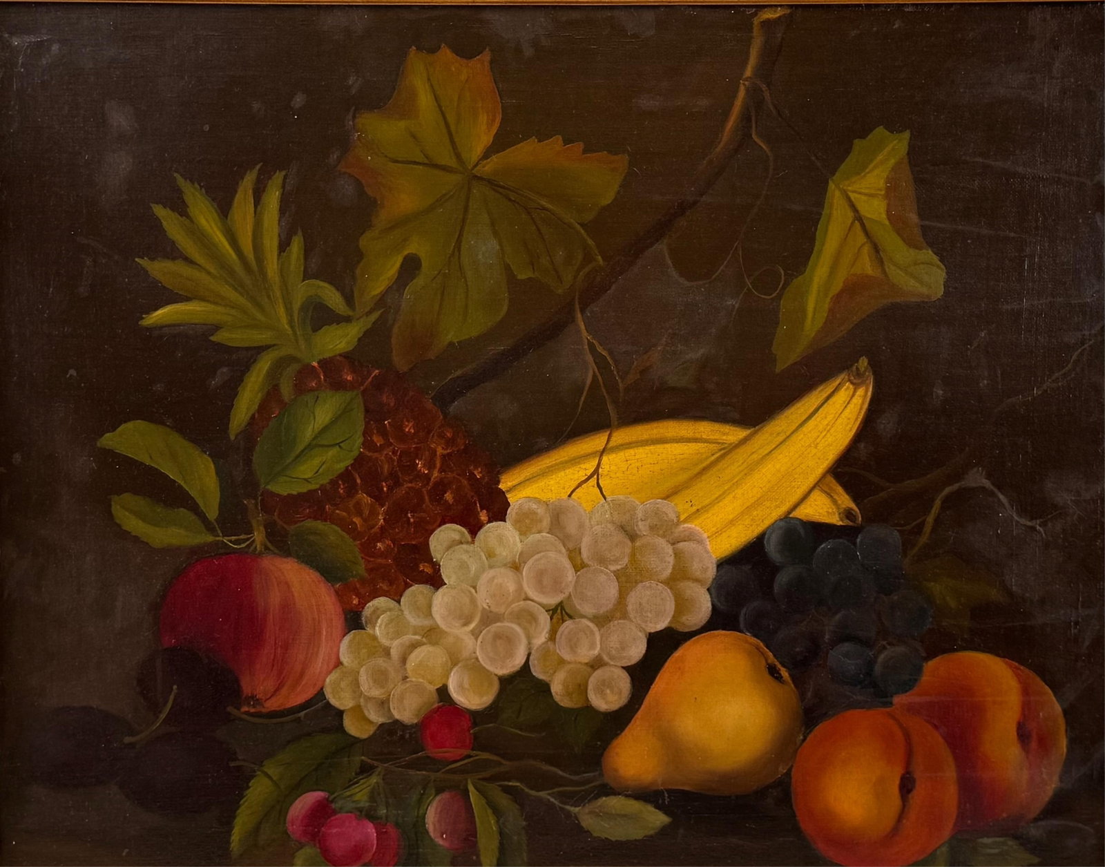 AMERICAN SCHOOL (Late 19th Century,), Still life of a pineapple, bananas, peaches and other fruit.,: AMERICAN SCHOOL Late 19th Century Still life of a pineapple, bananas, peaches and other fruit. Unsigned. Oil on canvas laid down on board, 16" x 20". Framed 19" x 23".
