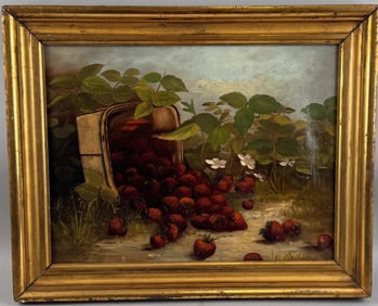 AMERICAN SCHOOL (Late 19th Century,), An overturned basket of strawberries., Oil on canvas, 13" x