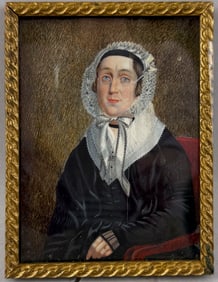 MINIATURE PORTRAIT OF A WOMAN England, 19th Century Watercolor on ivory, 4" x 3". Framed.
