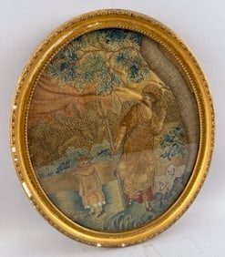 PICTORIAL SILK NEEDLEWORK 19th Century 11.5" x 9.5" sight. Framed 13" x 11".