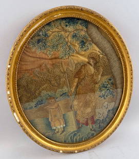 PICTORIAL SILK NEEDLEWORK 19th Century 11.5" x 9.5" sight. Framed 13" x 11".: PICTORIAL SILK NEEDLEWORK19th CenturyDepicts a mother and child. Housed in a gilt oval frame.11.5" x 9.5" sight. Framed 13" x 11".
