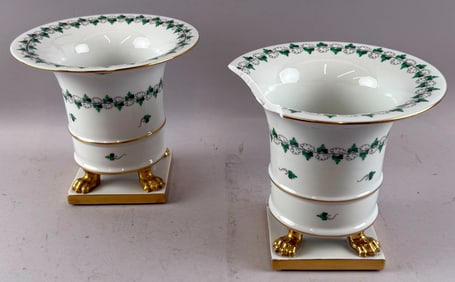 PAIR OF HEREND PORCELAIN CACHEPOTS Heights 7.5". Diameter across tops 8".