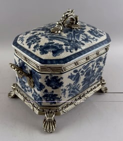 CHINESE BLUE AND WHITE PORCELAIN COVERED BOX WITH SILVERED METAL MOUNTS Late 20th Century Height
