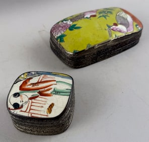 TWO CHINESE PORCELAIN AND SILVERED METAL BOXES Heights 1.5". Lengths 3" and 6".