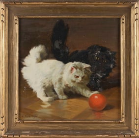 JOHN HENRY "HY" HINTERMEISTER (New York/Switzerland, 1869-1945), Two cats playing with a ball., Oil