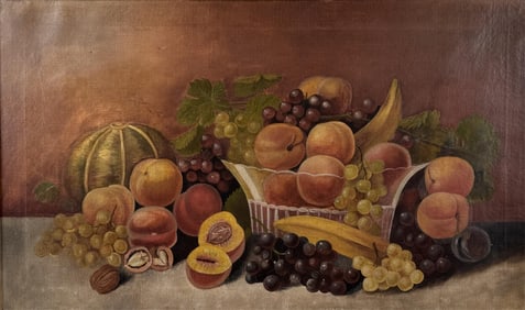 AMERICAN SCHOOL (19th Century,), Still life of fruit overflowing a compote., Oil on canvas, 18" x