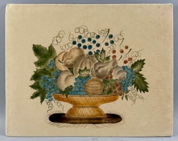 HOPE R. ANGIER (Maine, Contemporary), Theorem painting depicting a basket of fruit., Watercolor on
