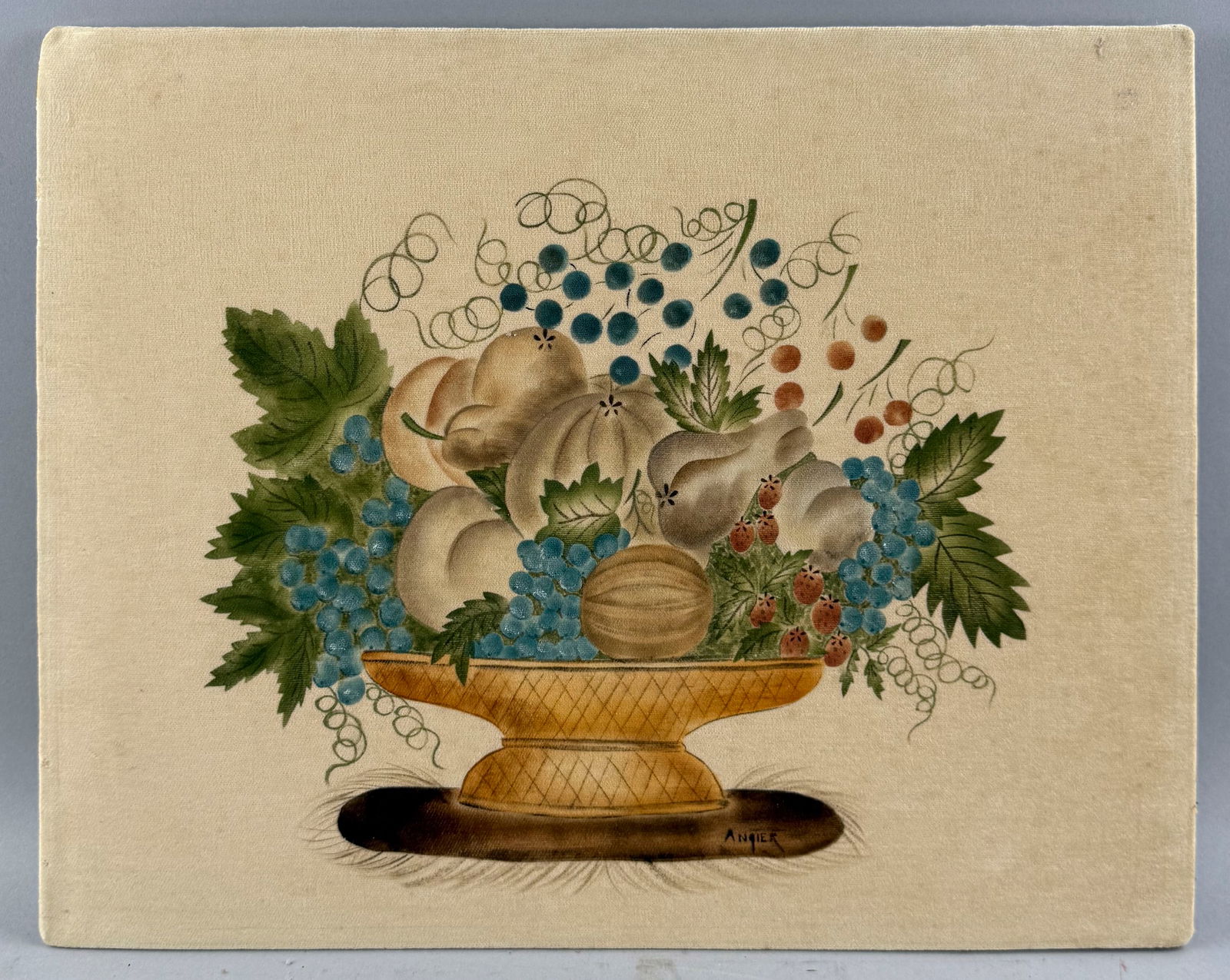 HOPE R. ANGIER (Maine, Contemporary), Theorem painting depicting a basket of fruit., Watercolor on (1 of 2)