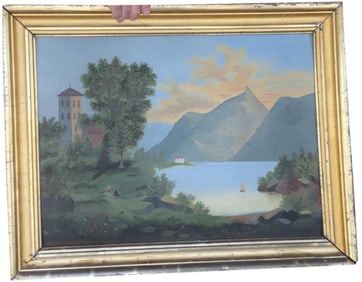 PRIMITIVE HUDSON RIVER SCHOOL PAINTING 19th Century Oil on board, 18" x 24". Framed 22" x 28".