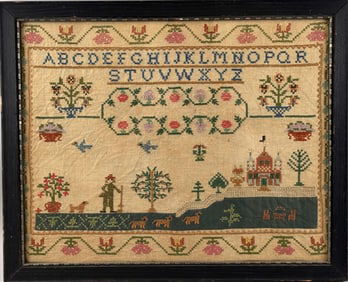 UNUSUAL NEEDLEWORK SAMPLER DEPICTING A HUNTER AND DOG Late 19th Century 15.25" x 19.5" sight. Framed