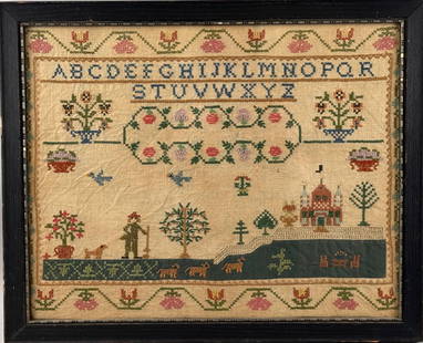 UNUSUAL NEEDLEWORK SAMPLER DEPICTING A HUNTER AND DOG 20th Century 15.25" x 19.5" sight. Framed: UNUSUAL NEEDLEWORK SAMPLER DEPICTING A HUNTER AND DOG20th CenturyRows of letters above a hilly landscape with the hunter, dog, trees, other animals and an imposing building. Scattered potted flowering