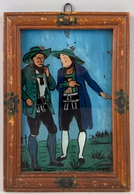 CONTINENTAL REVERSE PAINTING ON GLASS 19th Century 7" x 5". Framed 8.5" x 6.25".