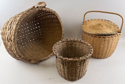SIX SPLINTWORK GATHERING BASKETS 19th Century Heights from 5" to 14".