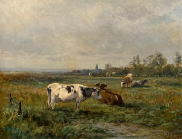 JOSEPH ANTONIO HEKKING (New York/Michigan/The Netherlands, 1830-1903), Cows in a pasture., Oil on