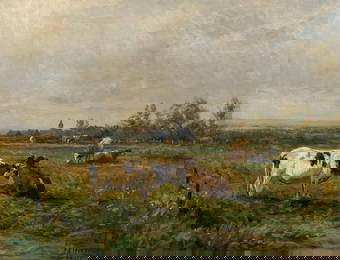 JOSEPH ANTONIO HEKKING (New York/Michigan/The Netherlands, 1830-1903), Cows in a pasture., Oil on