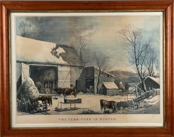 CURRIER & IVES PRINT "THE FARM-YARD IN WINTER" 19th Century 16.1875" x 23.625" sight. Framed 23" x