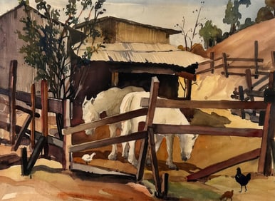 JOHN LAW WALKER (California/Arizona/Scotland, 1899-1965), Farm scene with horses., Watercolor,