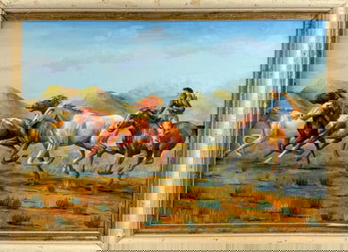 AFTER GERALD HARVEY JONES (20th Century,), Running horses., Oil on canvas, 19.5" x 28". Framed 22.5"