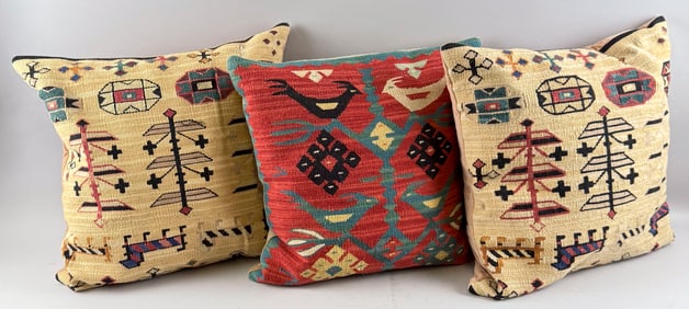 THREE KILIM THROW PILLOWS 20th Century Each 18" x 18".