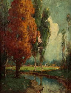 GEORGE THOMPSON PRITCHARD (California/United Kingdom/New Zealand, 1878-1962), Autumnal landscape.,: GEORGE THOMPSON PRITCHARDCalifornia/United Kingdom/New Zealand, 1878-1962Autumnal landscape. Signed lower right "G. Thompson Pritchard".Oil on canvas, 19" x 15". Framed 21" x 17".