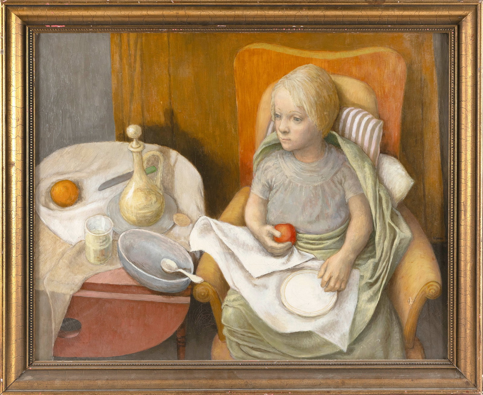 ANN LYMAN POWERS (Massachusetts, 1922-), A young girl seated in an orange chair, holding an apple: ANN LYMAN POWERS Massachusetts, 1922- A young girl seated in an orange chair, holding an apple and an empty plate. Signed mid-right "A. Lyman". Oil on canvas, 24" x 30". Framed 28" x 34".