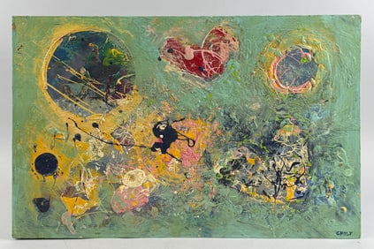 JOHN CHOLY (America, Contemporary), Abstract of hearts and circles., Acyrilc on board, 14.25" x 23".