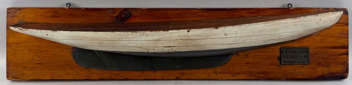 MOUNTED HALF HULL MODEL OF A YACHT BUILT BY R.H. ROBERTSON OF NAHANT America, 20th Century Backboard
