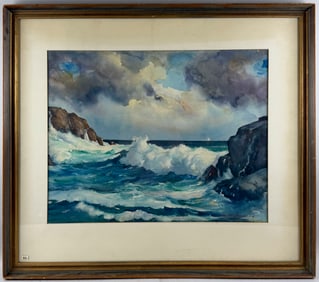STANLEY WINGATE WOODWARD (Massachusetts, 1890-1970), Waves crashing on a rocky coast., Watercolor on