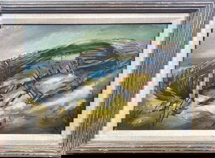F. BROW (America, 20th Century), "Abandoned", depicting a ship's bones on the beach., Oil on board,: F. BROWAmerica, 20th Century"Abandoned", depicting a ship's bones on the beach. Initialed lower right "F.B.". Signed "F. Brow" and titled verso. Copley Society label verso.Oil on board, 12" x 18". Fra