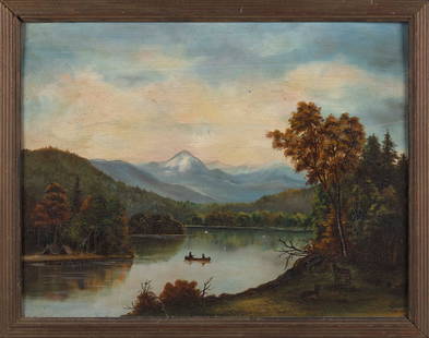 PRIMITIVE PAINTING OF TWO FIGURES IN A CANOE 19th Century Oil on board, 18.5" x 24.5". Framed 21" x: PRIMITIVE PAINTING OF TWO FIGURES IN A CANOE19th CenturyUnsigned.Oil on board, 18.5" x 24.5". Framed 21" x 27".
