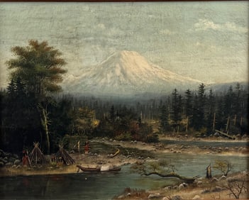 AMERICAN SCHOOL (19th Century,), Indigenous people making camp by a river., Oil on canvas, 16" x