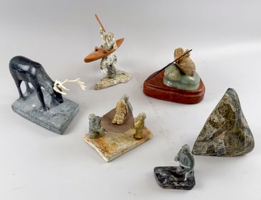 SIX INUIT SOAPSTONE CARVINGS 20th Century Heights from 3.5" to 7".