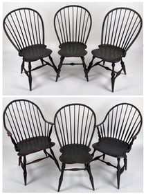 ASSEMBLED SET OF SIX D.R. DIMES AND WARREN CHAIR WORKS WINDSOR CHAIRS 20th Century Back heights