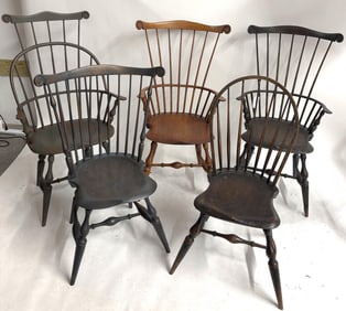 FIVE WINDSOR CHAIRS, FOUR BY WARREN CHAIR WORKS Warren, Rhode Island, Late 20th Century Back heights