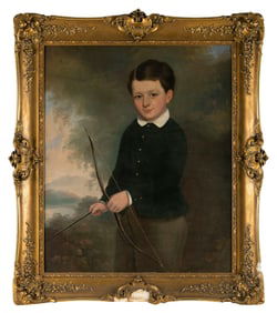 AMERICAN SCHOOL (19th Century,), Portrait of a young boy holding a bow and arrow within a landscape.