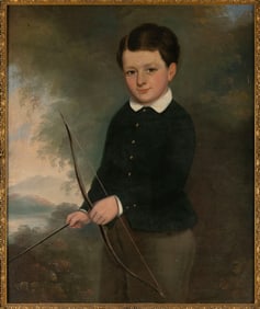 AMERICAN SCHOOL (19th Century,), Portrait of a young boy holding a bow and arrow within a landscape.