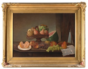 GEORGE FRANK HIGGINS (Massachusetts, 1850-), Tabletop still life of fruit., Oil on canvas, 24" x
