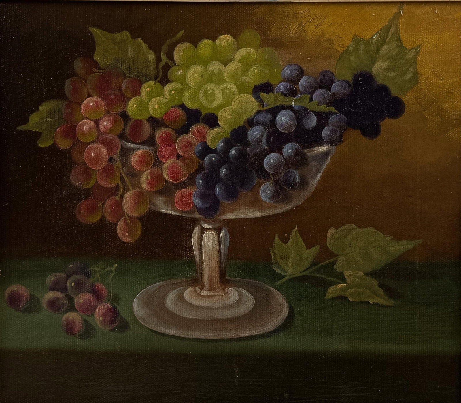 AMERICAN SCHOOL (Late 19th Century,), Still life of grapes in a compote., Oil on canvas, 12" x 14".: AMERICAN SCHOOL Late 19th Century Still life of grapes in a compote. Unsigned. Oil on canvas, 12" x 14". Framed 14.5" x 16.5".