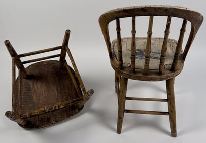 TABLE AND TWO CHAIRS 19th Century Table height 27.75". Width 36". Depth 26.5". Chair back heights
